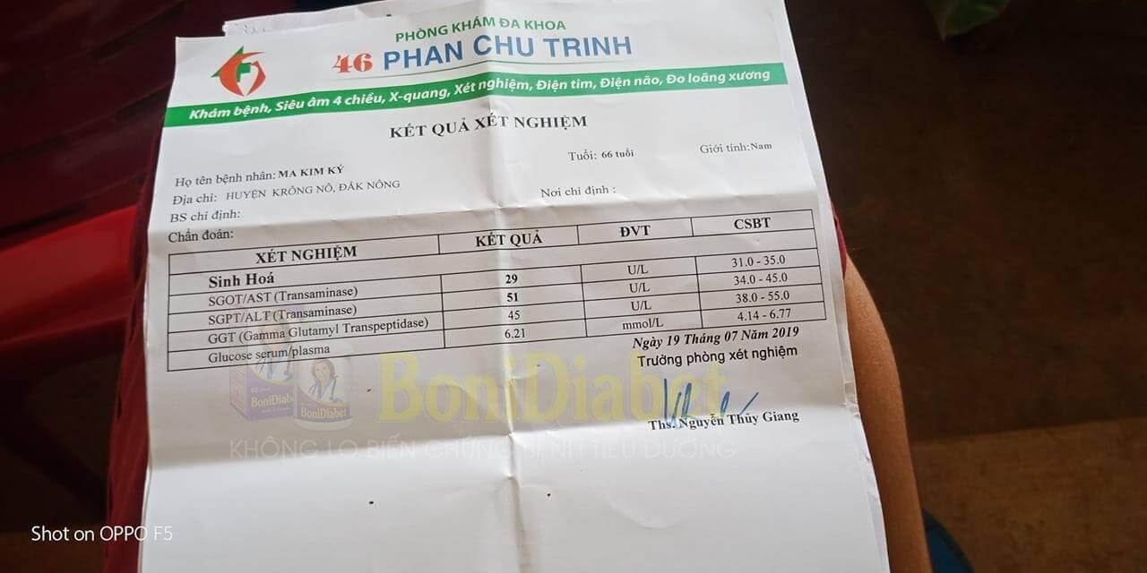 Chỉ số đường huyết chú Ký đo ngày 19/07/2019 vẫn ở ngưỡng an toàn là 6.21mmol/l